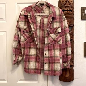 Pinkblush white, pink, beige plaid flannel, maternity, longsleeve, top large